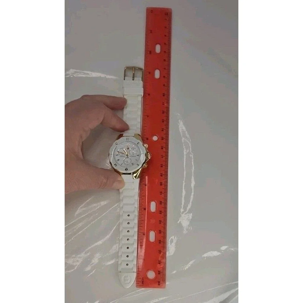 MICHELE JELLY BEAN TAHITIAN CHRONOGRAPH Watch GOLDTONE WHITE SILICONE BAND EUC - Picture 8 of 16